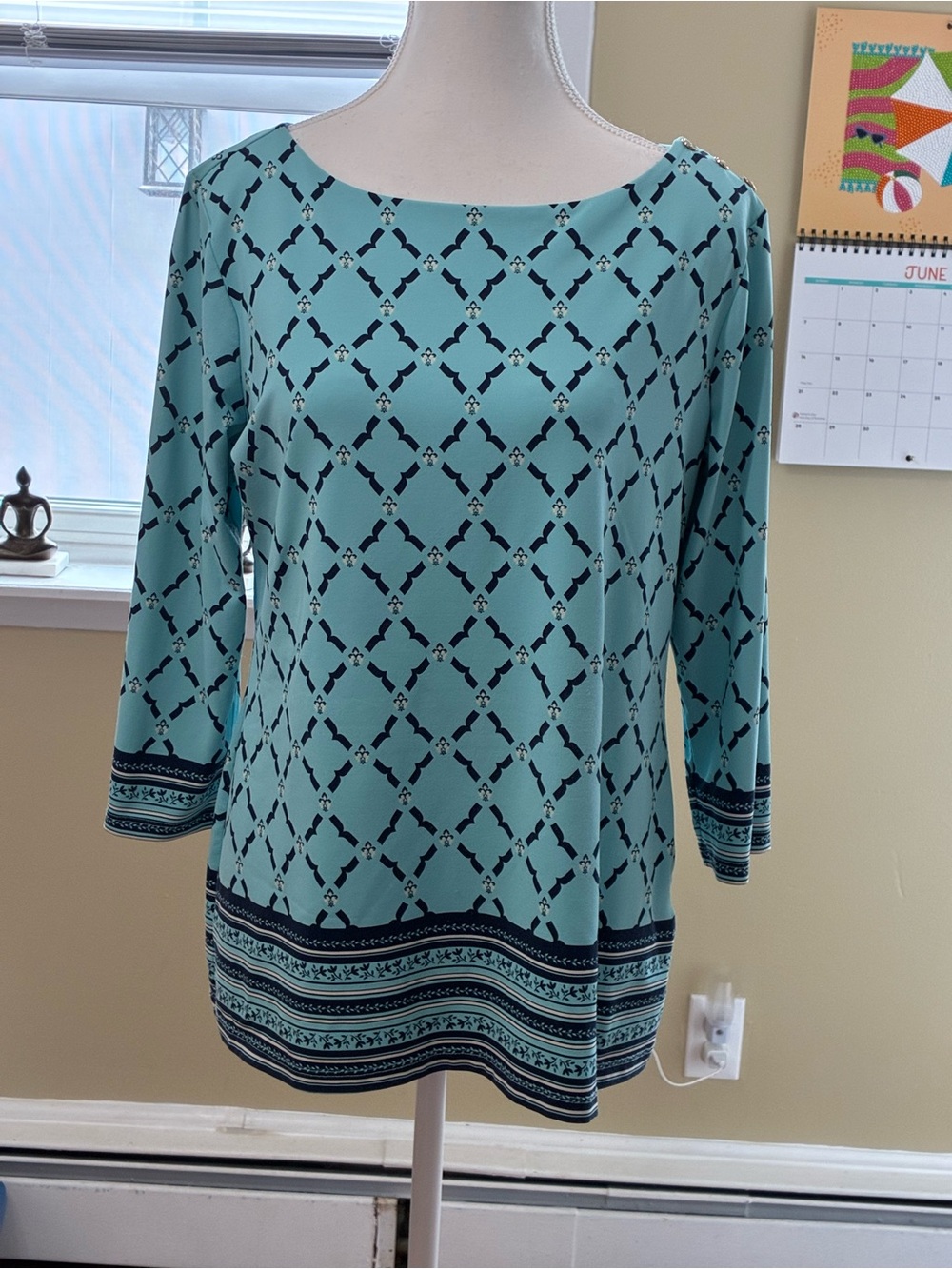Charter Club Aqua Geometric Boatneck Long Sleeve Top with Navy Trim